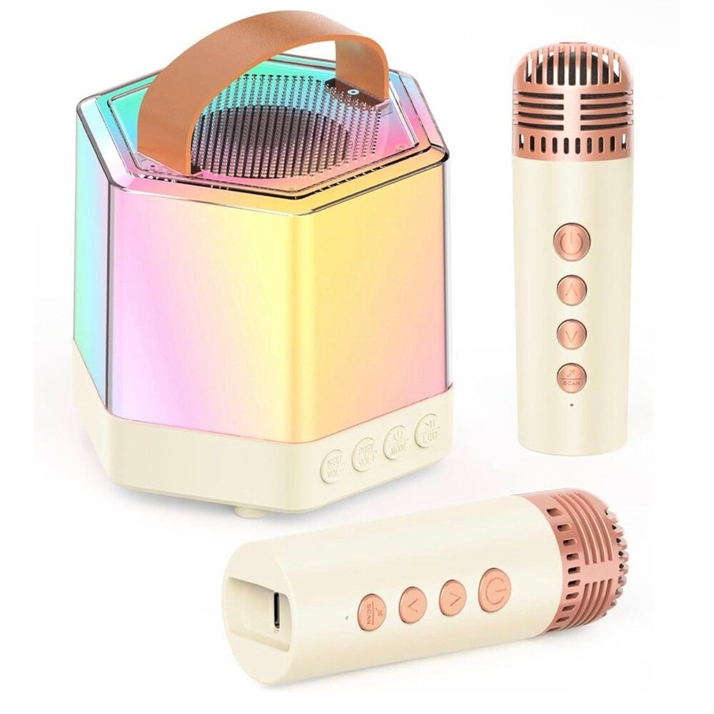 Mini Karaoke Machine - Portable Bluetooth Speaker w/2 Wireless Mics- Beige